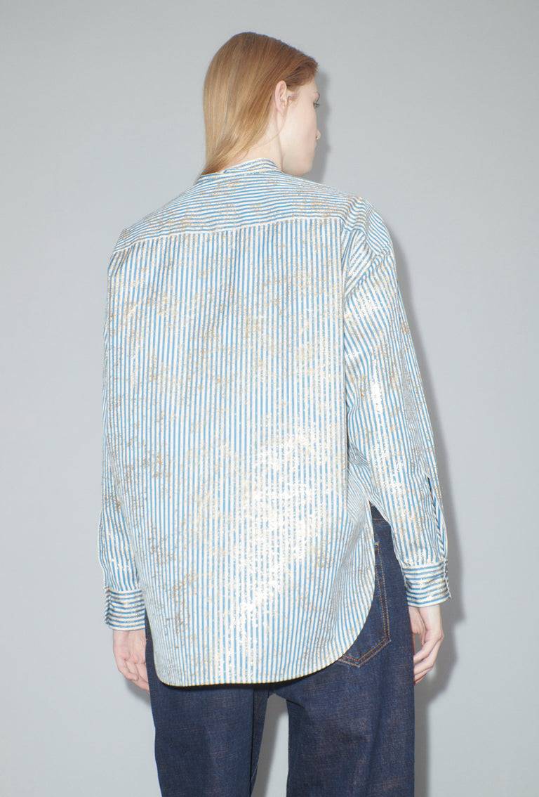 Odeeh Roman Stripe Gold Paint Bluse, Mountain Blue Cyber Monday