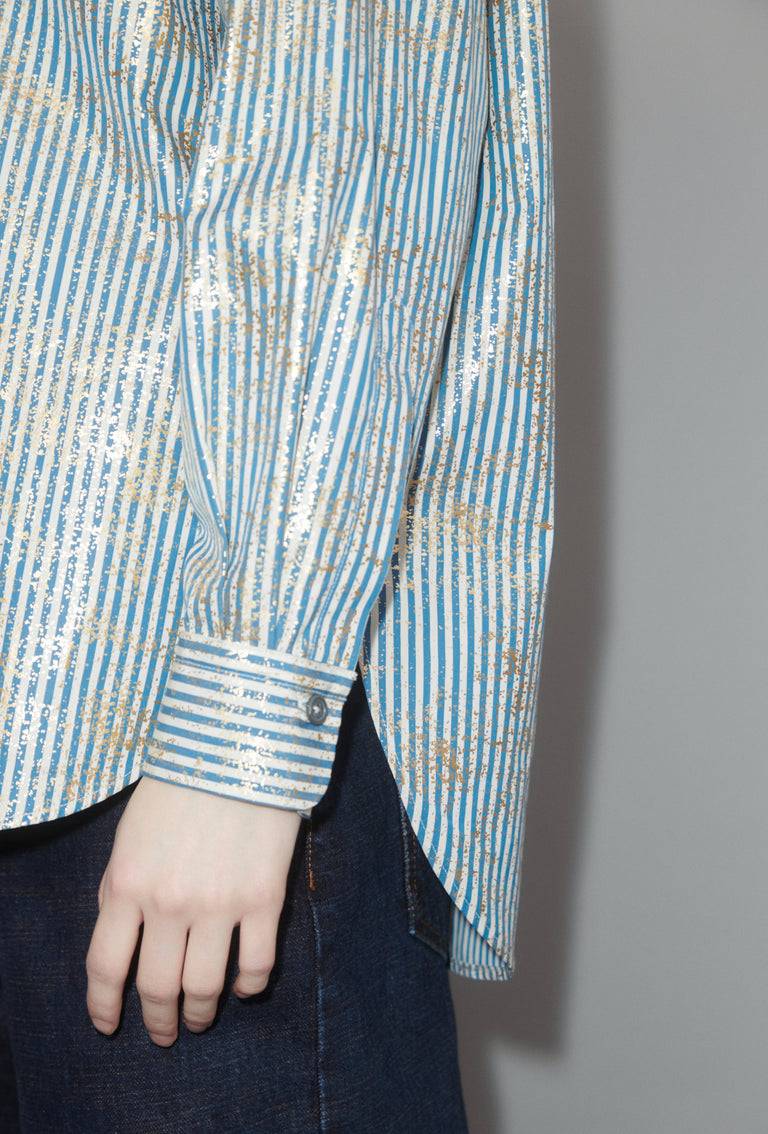 Odeeh Roman Stripe Gold Paint Bluse, Mountain Blue Cyber Monday