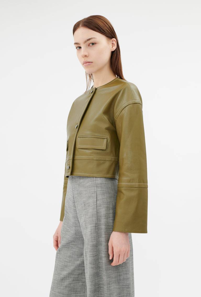 Odeeh Lamb Nappa Wet Look Jacke, Goldolive Räumungsverkauf