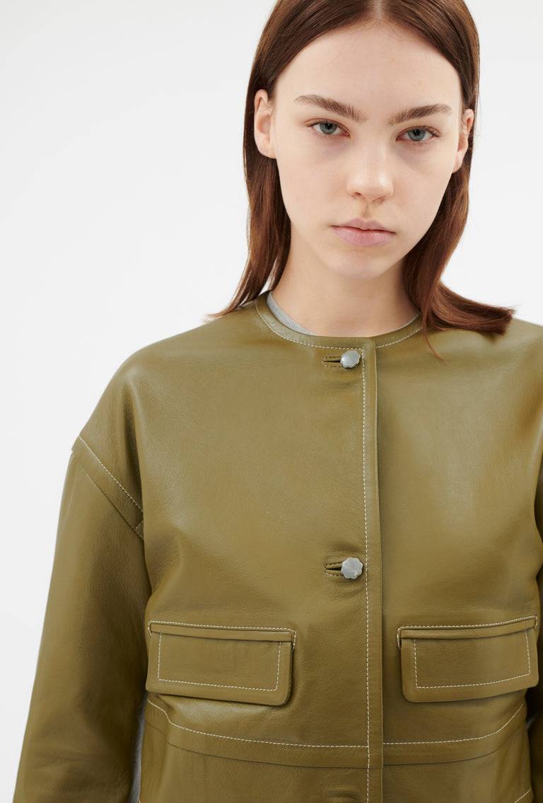 Odeeh Lamb Nappa Wet Look Jacke, Goldolive Räumungsverkauf
