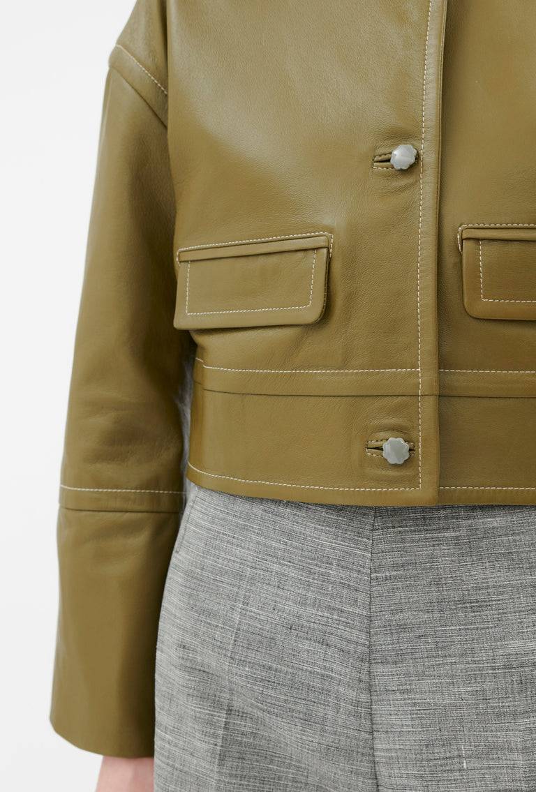 Odeeh Lamb Nappa Wet Look Jacke, Goldolive Räumungsverkauf