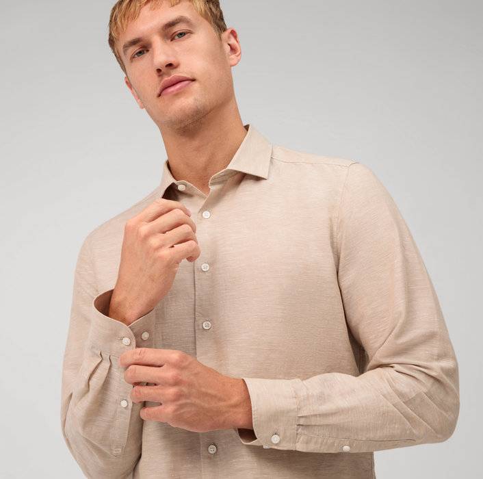Oblymp Level Five garment washed, Businesshemd, body fit, Kent, Natur Auslauf