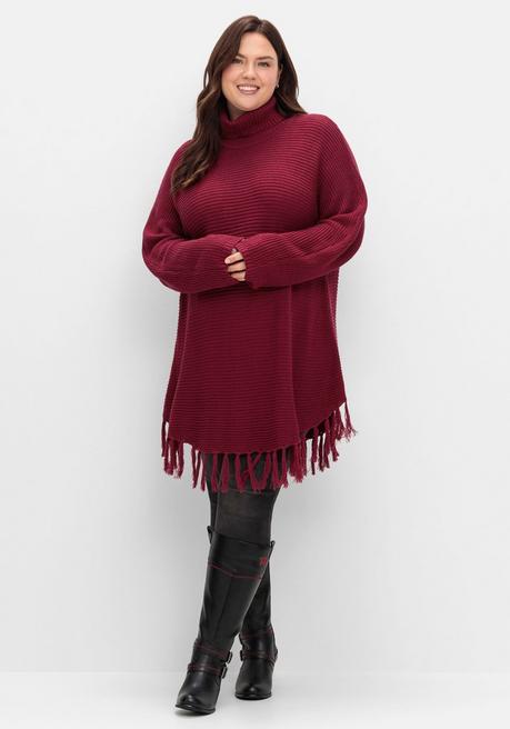 sheego Gerippter Poncho-Pullover mit Fransensaum - beere sheego Hotsell
