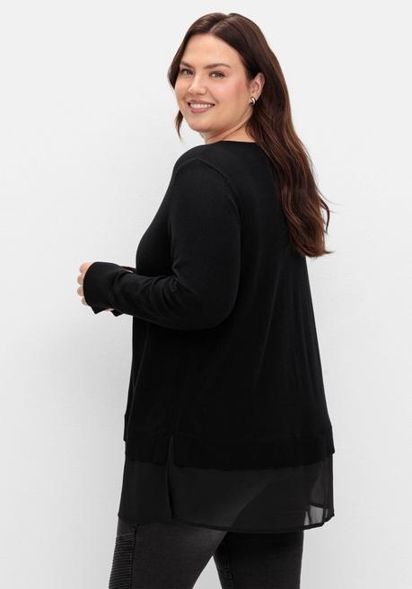sheego Pullover in A-Linie, mit Chiffonbesatz am Saum - schwarz sheego Preisnachlass