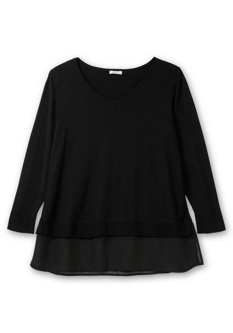 sheego Pullover in A-Linie, mit Chiffonbesatz am Saum - schwarz sheego Preisnachlass