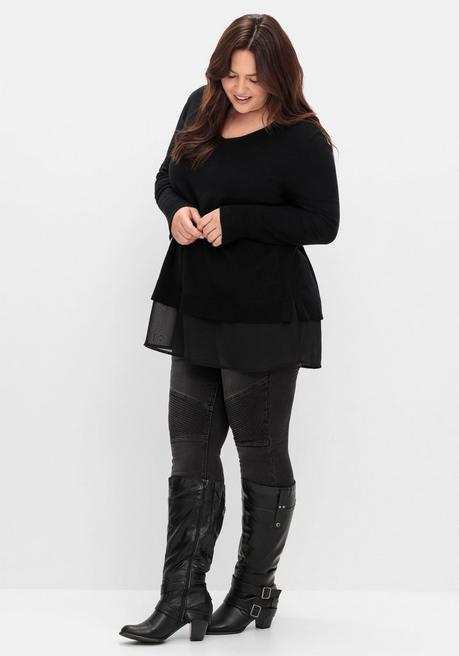 sheego Pullover in A-Linie, mit Chiffonbesatz am Saum - schwarz sheego Preisnachlass