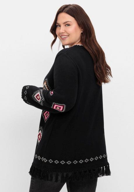 sheego Pullover mit Ethnomuster und Fransen - schwarz gemustert sheego Saisonschlussverkauf