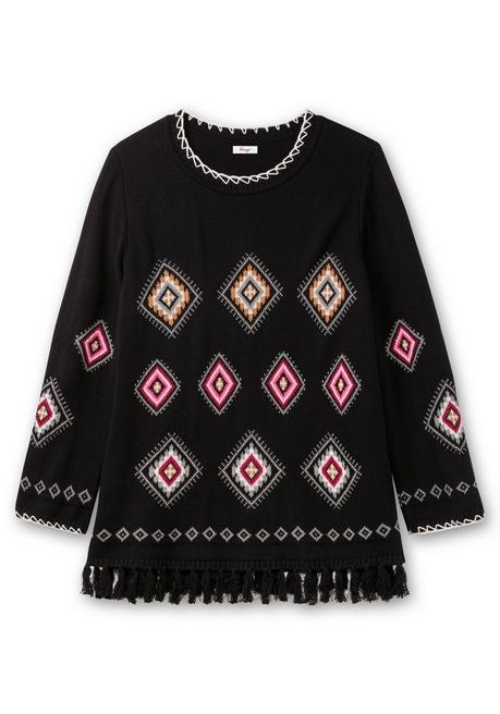 sheego Pullover mit Ethnomuster und Fransen - schwarz gemustert sheego Saisonschlussverkauf