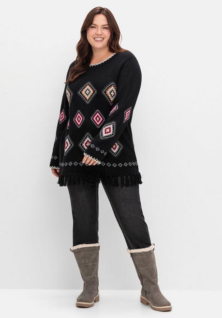 sheego Pullover mit Ethnomuster und Fransen - schwarz gemustert sheego Saisonschlussverkauf