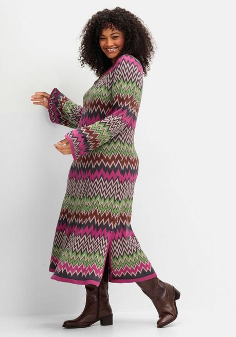 sheego by Joe Browns Wadenlanges Strickkleid im Zickzack-Muster - beere gemustert sheego Top Angebot