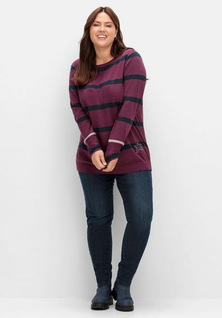 sheego Gestreifter Pullover mit Stern-Stickerei, aus Baumwolle - brombeer gestreift sheego Lagerräumung