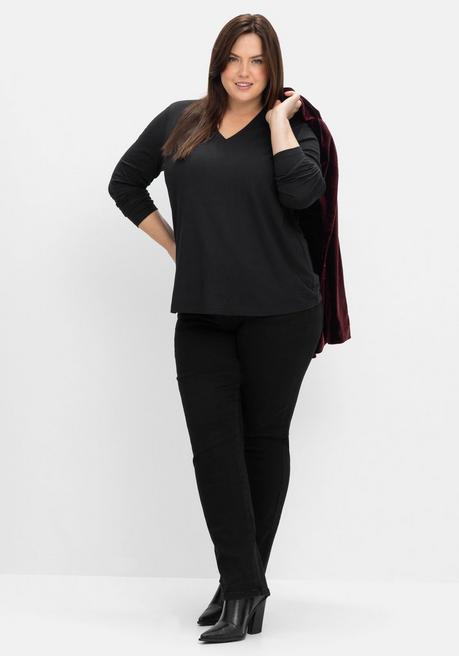 sheego Langarmshirt mit V-Ausschnitt, vorn doppellagig - schwarz sheego Black Friday Preise