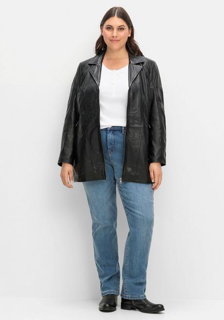 sheego Lange Lederjacke aus Lammnappa, mit Reverskragen - schwarz sheego Verkauf