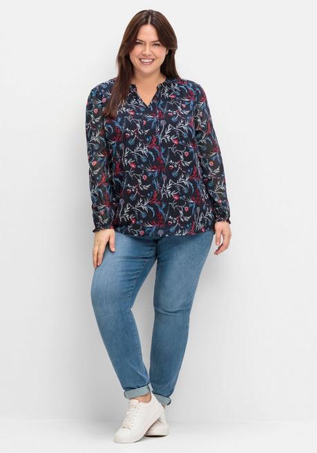 sheego Chiffontunika mit Blumendruck und Bindeband - tiefblau gemustert sheego Angebote