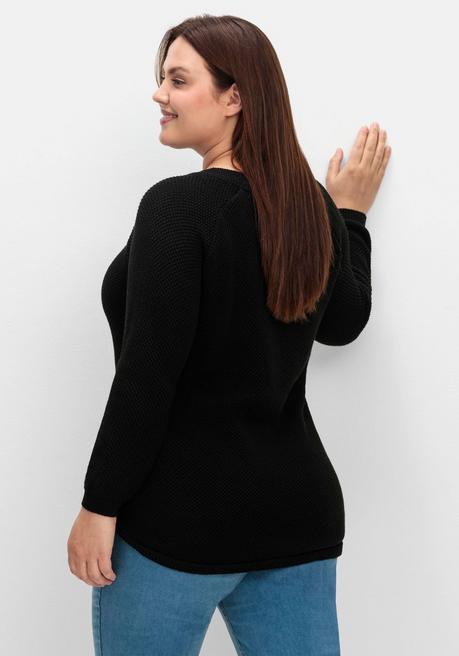 sheego Pullover im Strukturstrick, mit Zierknöpfen seitlich - schwarz sheego Blitzverkäufe