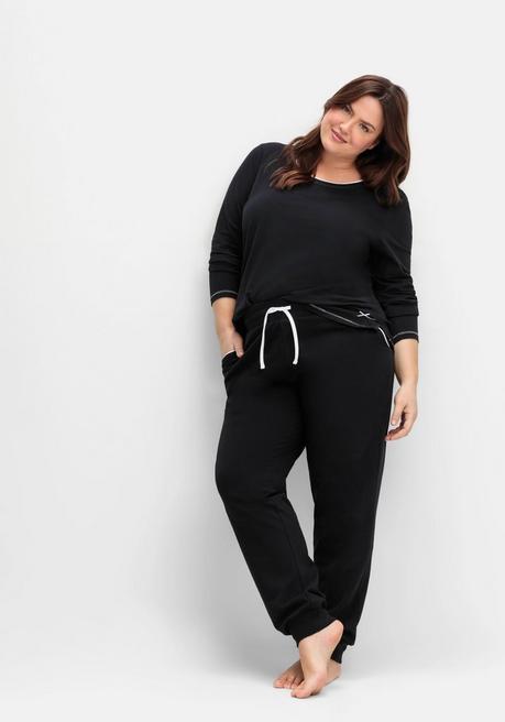 sheego Lange Schlafhose mit schmalem Bein und Kontrastdetails - schwarz sheego Versandkostenfrei