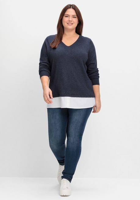 sheego Pullover im Lagenlook, mit Blusenbesatz - tiefblau meliert sheego Exklusivangebot