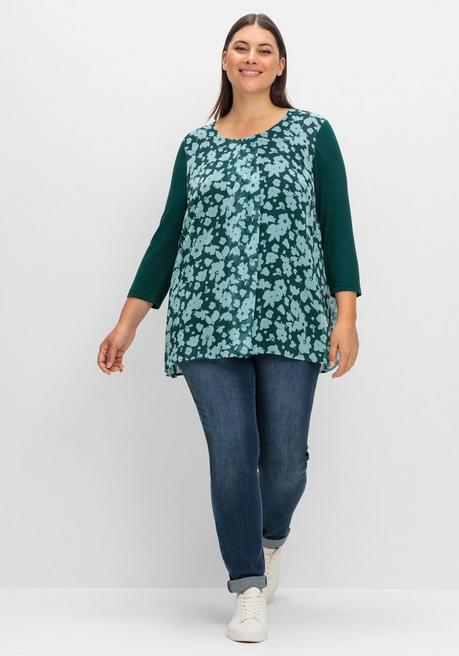 sheego 2-in-1-Blusenshirt mit bedrucktem Chiffon - tiefgrün gemustert sheego Jubiläumsangebot