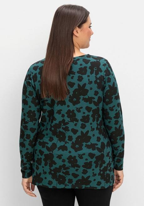 sheego Langarmshirt mit Blumendruck und V-Ausschnitt - tiefgrün gemustert sheego Zeitlich begrenztes Angebot