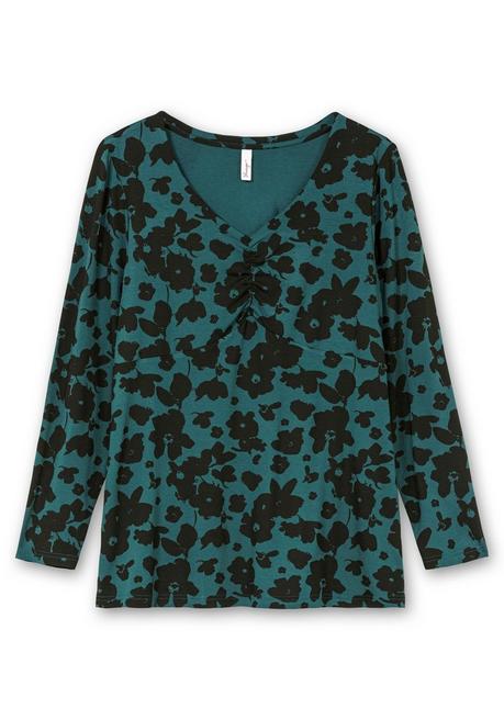 sheego Langarmshirt mit Blumendruck und V-Ausschnitt - tiefgrün gemustert sheego Zeitlich begrenztes Angebot