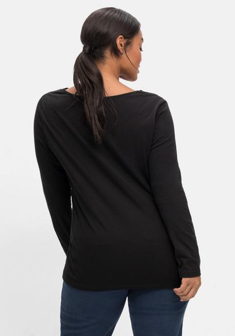 sheego by Joe Browns Langarmshirt mit Zierfalten am V-Ausschnitt, A-Linie - schwarz sheego Angebote