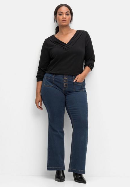 sheego by Joe Browns Langarmshirt mit Zierfalten am V-Ausschnitt, A-Linie - schwarz sheego Angebote