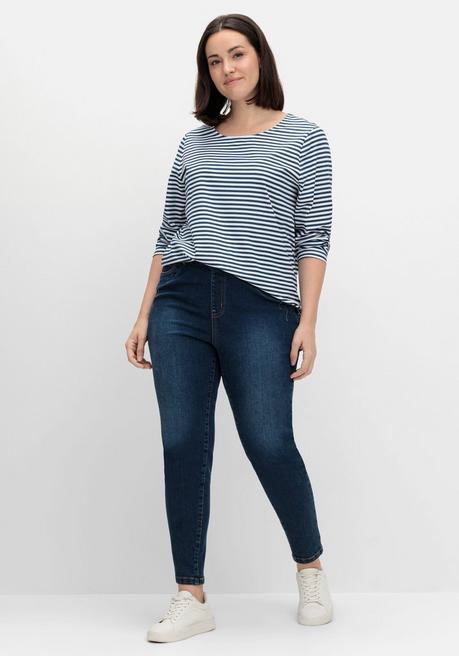 sheego Gestreiftes Langarmshirt mit Rundhalsausschnitt - marine gestreift sheego Schlussverkauf