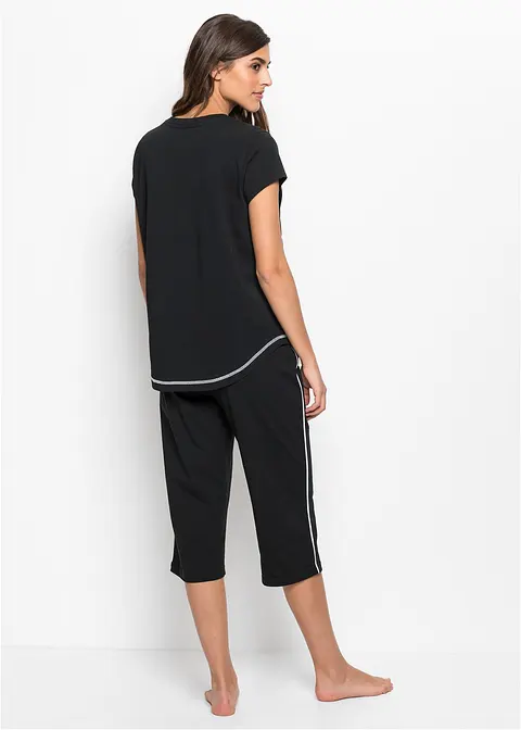 bonprix Sportlicher Capri Pyjama mit schönem Frontdruck - schwarz/weiß 50% Rabatt mit kostenlosem Versand