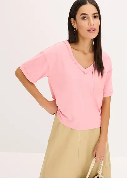 bonprix Trendiges Oversized T-Shirt mit V-Ausschnitt und aufgesetzter Tasche Preisnachlass