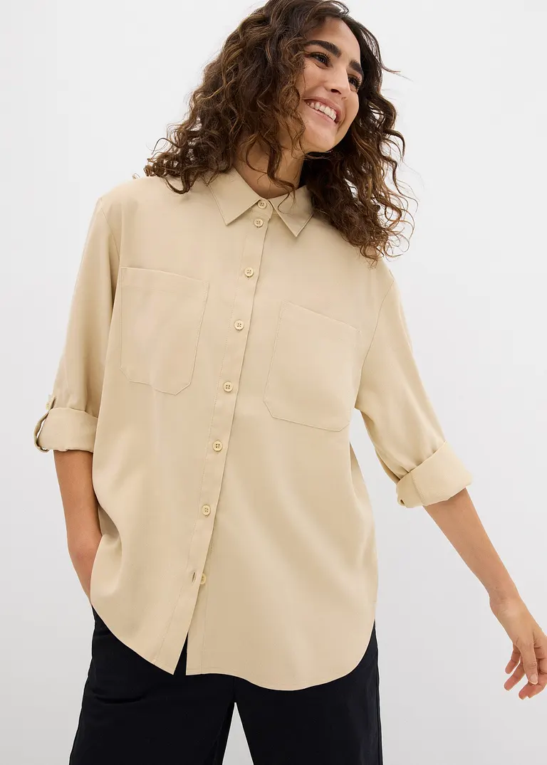 bonprix Bluse mit aufgesetzten Taschen und Knopfleiste - beige Vatertagsangebot