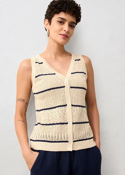 bonprix Ajour-Strickweste mit Leinenanteil - beige - Damen JETZT KAUFEN