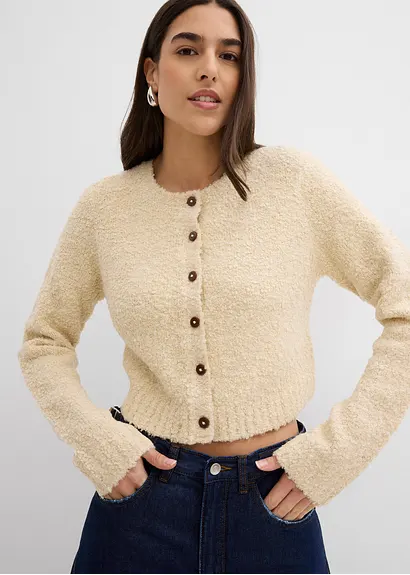 bonprix Lässige Strickjacke mit Knopfleiste kurz geschnitten - beige Speichern exportieren