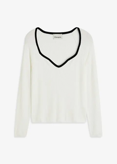 bonprix Pullover mit Kontrast-Piping am Ausschnitt - weiß Fabrikverkauf