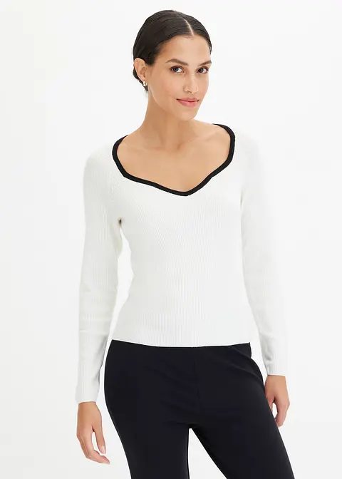 bonprix Pullover mit Kontrast-Piping am Ausschnitt - weiß Fabrikverkauf