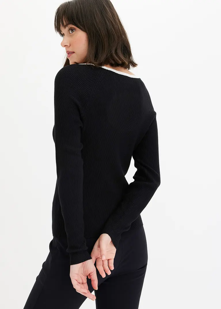 bonprix Pullover mit Kontrast-Piping am Ausschnitt - schwarz Meist gekauft