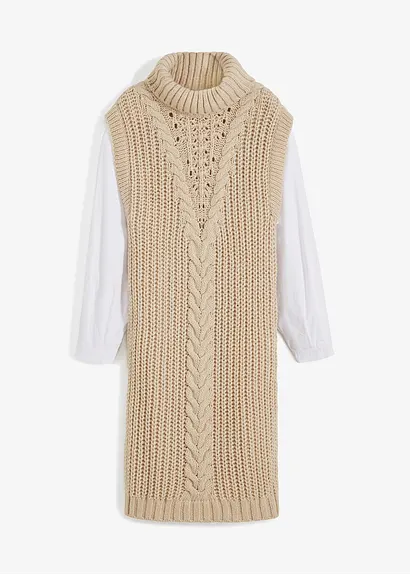 bonprix modisches Strickkleid mit Blusenärmeln und Zopfmuster. - beige Fabrik Onlineshop