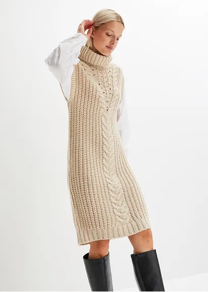 bonprix modisches Strickkleid mit Blusenärmeln und Zopfmuster. - beige Fabrik Onlineshop