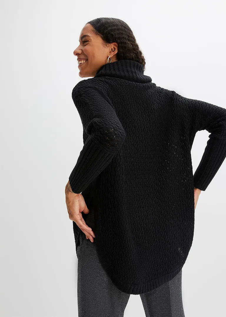 bonprix Modischer Oversize-Pullover mit Ajour-Muster sowie einem großen Rollkragen und zwei seitlichen Schlitzen Günstig kaufen