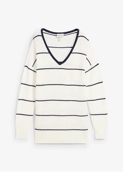 bonprix Pullover mit Allover Streifen-Dessin und V-Ausschnitt - weiß Online Shopping