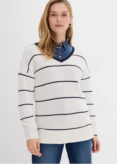 bonprix Pullover mit Allover Streifen-Dessin und V-Ausschnitt - weiß Online Shopping