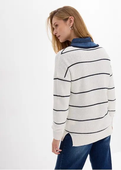 bonprix Pullover mit Allover Streifen-Dessin und V-Ausschnitt - weiß Online Shopping