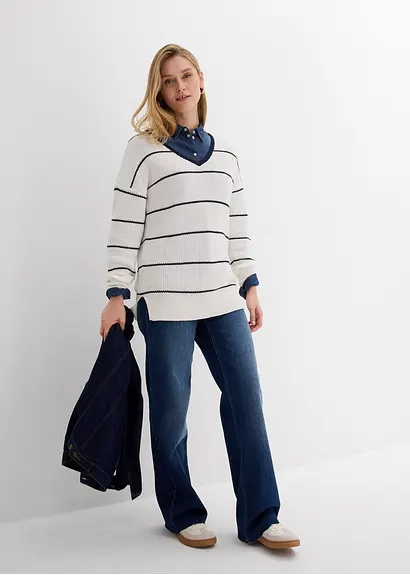 bonprix Pullover mit Allover Streifen-Dessin und V-Ausschnitt - weiß Online Shopping