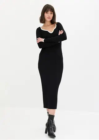 bonprix Strickkleid mit Kontrast-Abschluss am Ausschnitt - schwarz Exklusive Angebote