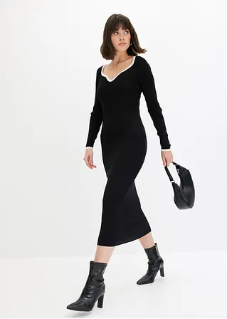 bonprix Strickkleid mit Kontrast-Abschluss am Ausschnitt - schwarz Exklusive Angebote
