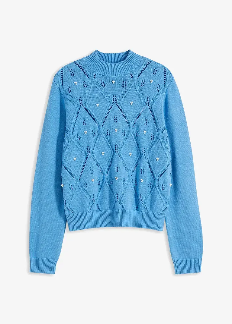 bonprix Kuscheliger Pullover mit Ajourmuster und Perlen - blau Blitzangebot
