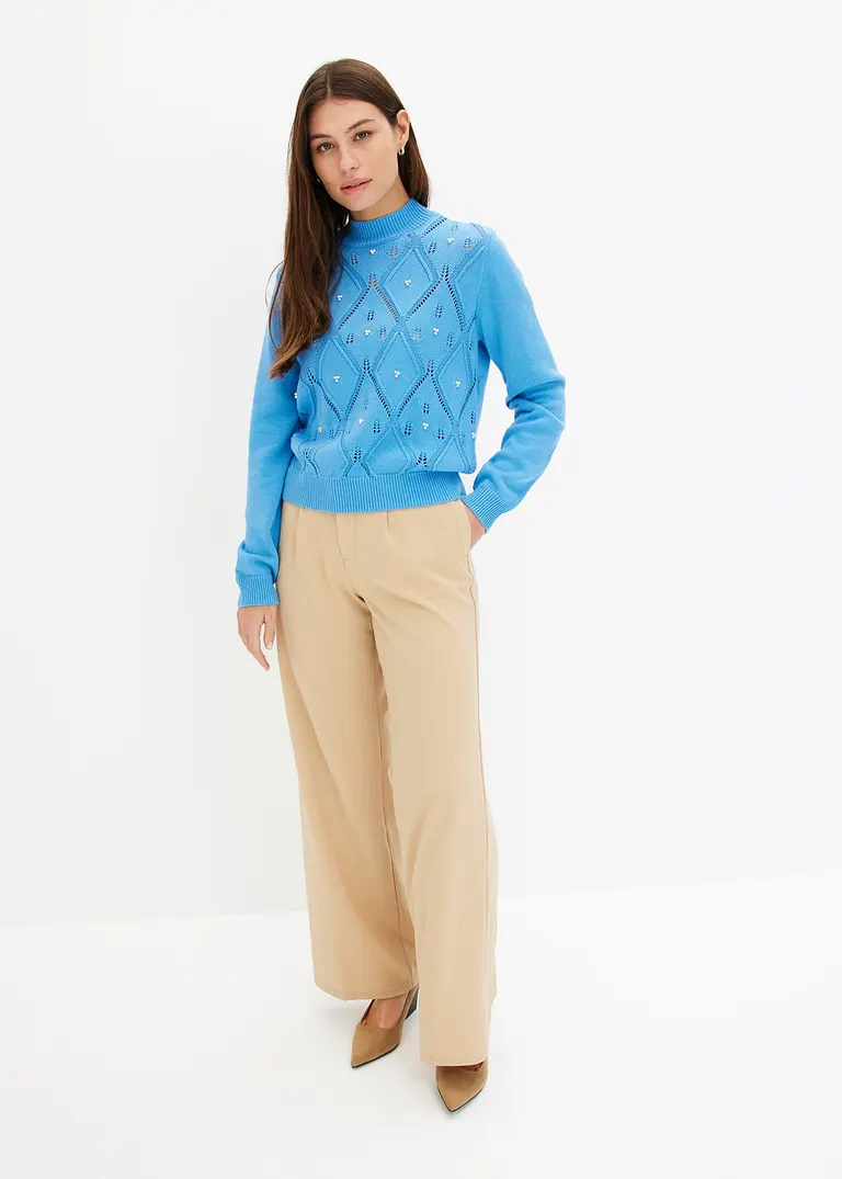 bonprix Kuscheliger Pullover mit Ajourmuster und Perlen - blau Blitzangebot