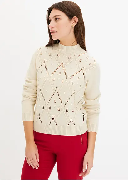 bonprix Kuscheliger Pullover mit Ajourmuster und Perlen - beige Große Rabatte