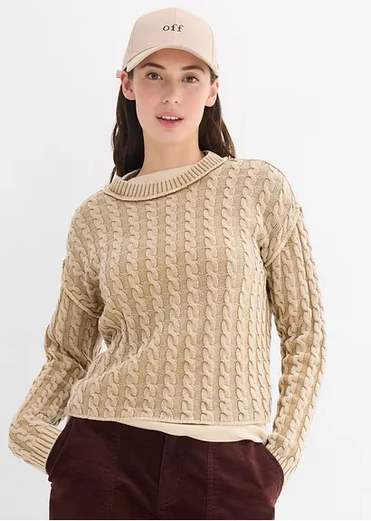 bonprix Kurz geschnittener Strickpullover aus reiner Baumwolle mit Zopfmuster im Washed-Look Zeitbegrenzte Promotion