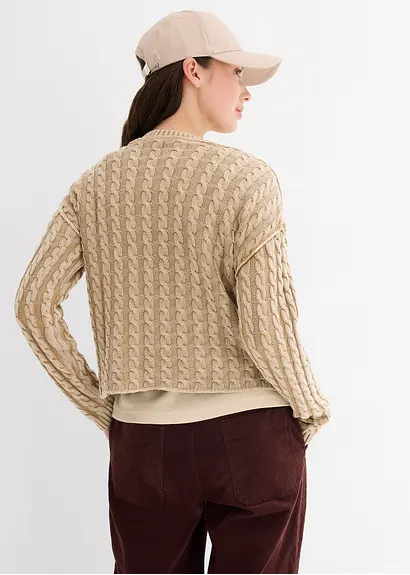 bonprix Kurz geschnittener Strickpullover aus reiner Baumwolle mit Zopfmuster im Washed-Look Zeitbegrenzte Promotion