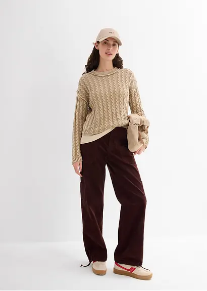 bonprix Kurz geschnittener Strickpullover aus reiner Baumwolle mit Zopfmuster im Washed-Look Zeitbegrenzte Promotion